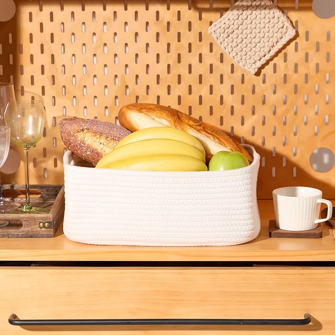 MiniArk Small Storage Baskets for Organizing | Closet Organizer Bins | Shelf Toy Basket | Woven Rope Baskets | Cube Decorative Box | Shallow Basket | 13x8.5x5.1” | 4 Packs Off White
