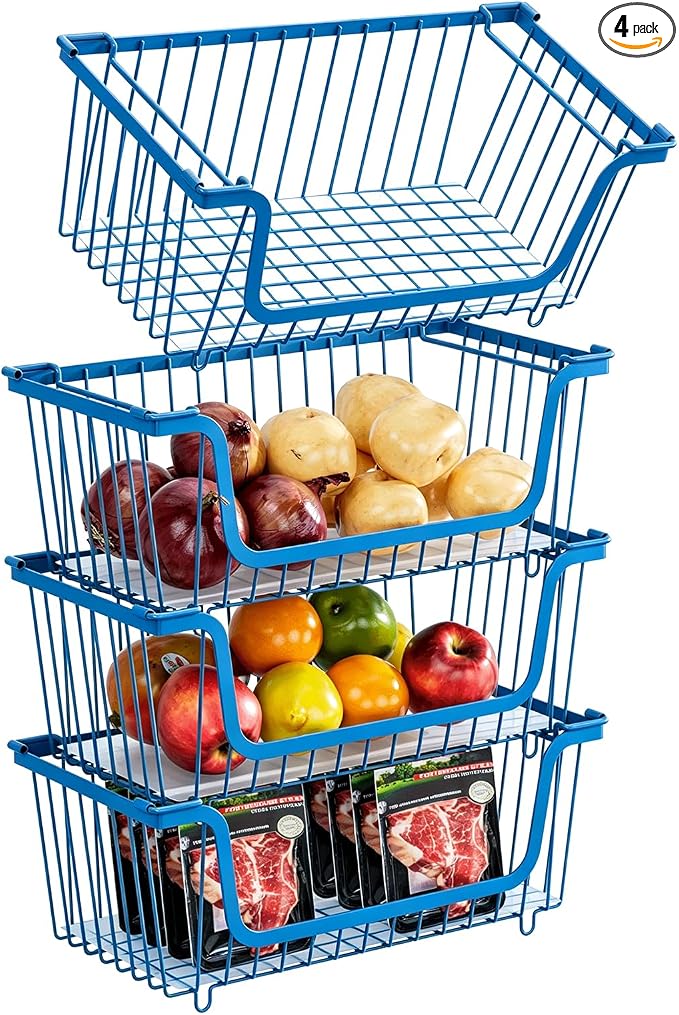 4 Pcs Stackable Wire Baskets for Pantry Organizers and Storage,blue, | Vegetable Fruit Basket for Countertop,Kitchen Storage Metal Baskets,Produce Potato Onion Storage Bin,