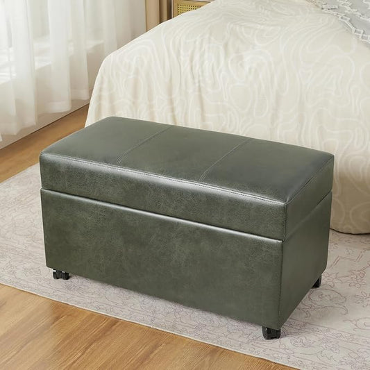 32" Faux Suede Storage Ottoman Bench with Wheel, Rectangle Foot Rest Stool for Living Room, Bedroom, Entryway,Moss Green