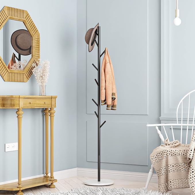 DOORXIFO Black Metal Coat Rack, Freestanding with Hooks, Entryway Coat Rack Stand, Coat Racks with Marble Base, Coat Tree for Hanging Clothes, Hats, Bags | Modern Hat Rack, Easy to Assemble, Heavy Stable Marble Base