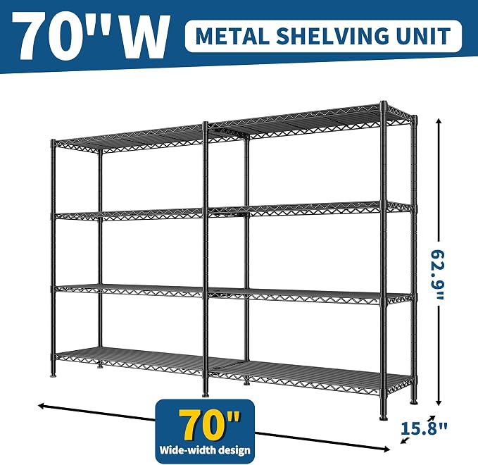 REIBII Metal Shelving, 70" W Space Saving&1240LBS Heavy Duty for Kitchen | Adjustable Metal Shelving, 4-Tier Freestanding, Powder Coated Moisture Resistant, Anti-Tipping Device, Leveling feet