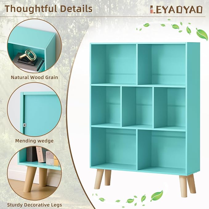 LEYAOYAO Cube Bookshelf, Mid-Century Modern Book Shelf with Legs, Green | 3 Tier Bookcase, Rustic Wood Bookshelves Freestanding Small Storage Organizer, Open Shelves for Bedroom, Living Room, Office