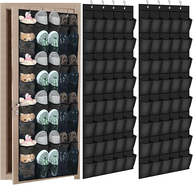 Windyun 2 Pcs 40 Pocket Over The Door Shoe Organizer Large Breathable Mesh Hanging Shoe Rack for Closet Space Saving Shoes Storage Holder Hanger for Dorm Room Bathroom Bedroom Entryway (Black)