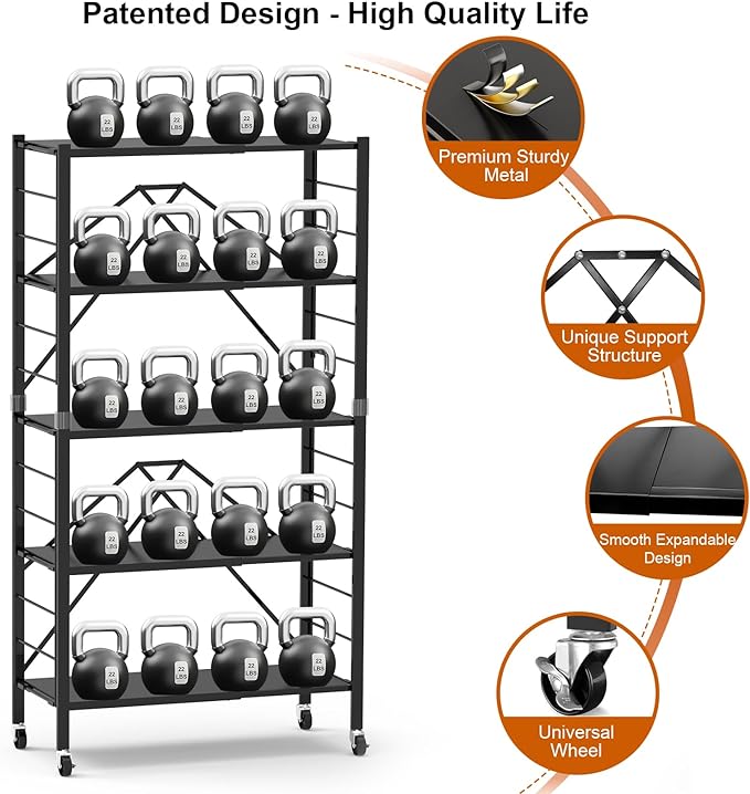 Himix 5-Tier Foldable Expandable Storage Shelves Wheels Kitchen 2-in-1 Rack