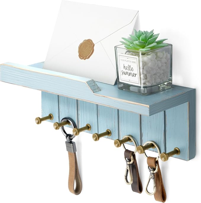 Rebee Vision Key Holder Wall Mount with Shelf for Entryway, Distressed Blue | Key and Mail Holder for Wall, 7 Sturdy Key Hooks, Floating Shelf, Plant Display, Room Decor Aesthetic, Home Decor Aesthetic