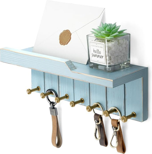 Rebee Vision Key Holder Wall Mount with Shelf for Entryway, Distressed Blue | Key and Mail Holder for Wall, 7 Sturdy Key Hooks, Floating Shelf, Plant Display, Room Decor Aesthetic, Home Decor Aesthetic