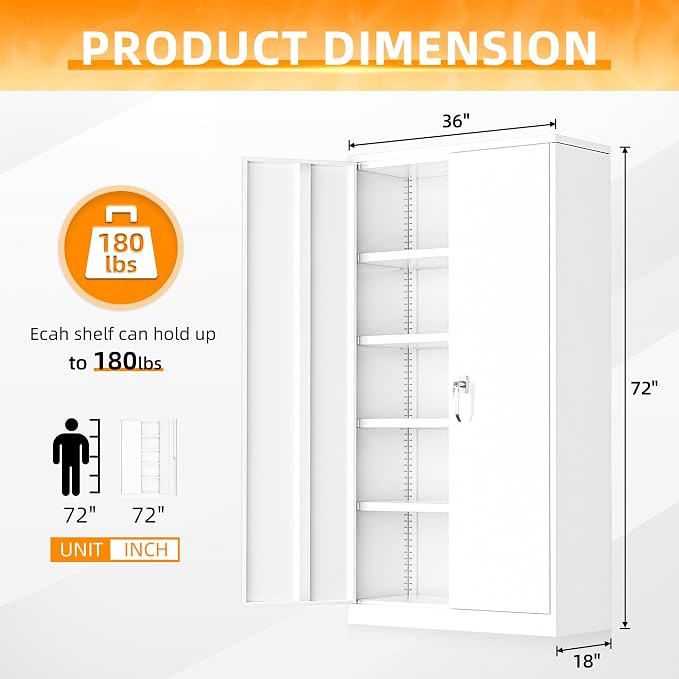 INTERGREAT White Metal Storage Cabinet Doors, 72" Locking Steel Storage Cabinet with Shelves, Tall Metal Cabinet Lockable Steel Cabinets for Home Office, Garage