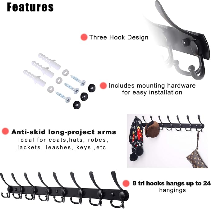 Dseap Coat Rack Wall Mount - 29.5” Long 8-Tri-Hooks Heavy Duty Coat Hanger Rail Wall Hooks for Hanging Coats Hats Clothing Clothes Purse Mudroom Entryway, Black, Pack of 2