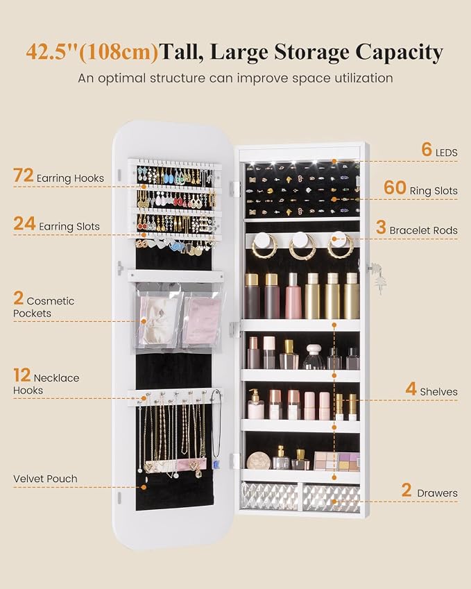 6 LEDs Mirror Jewelry Cabinet Door Hanging, 42.5", Lockable, White | Jewelry Organizer with Full Length Mirror, Wall Mounted Large Jewelry Storage for Earrings, Rings, Necklaces