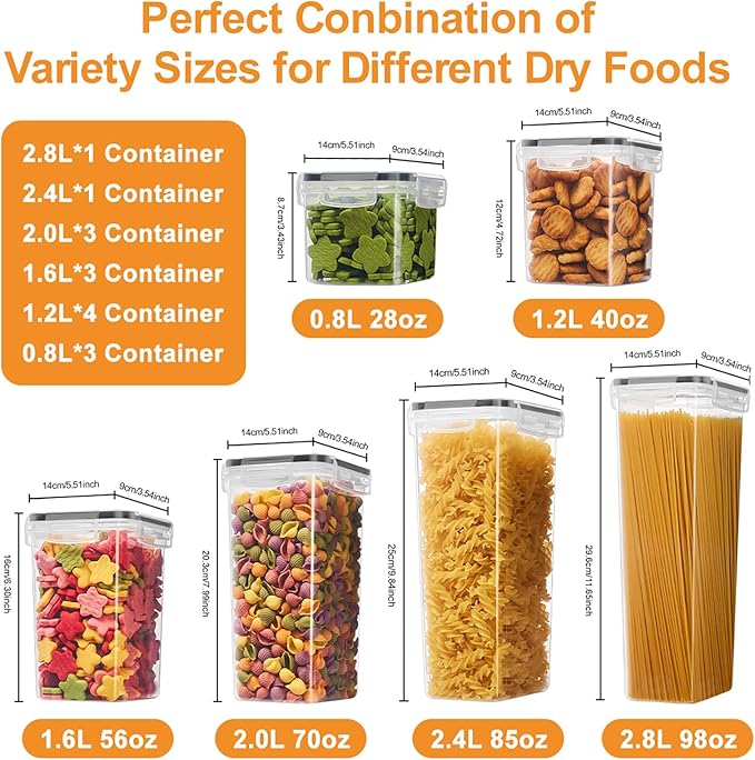15PC Pantry Storage Containers, Airtight Food Storage Containers with Lids, BPA Free Kitchen and Pantry Organization and Storage Set for Pasta, Dry Food, Flour and Sugar, Cereal