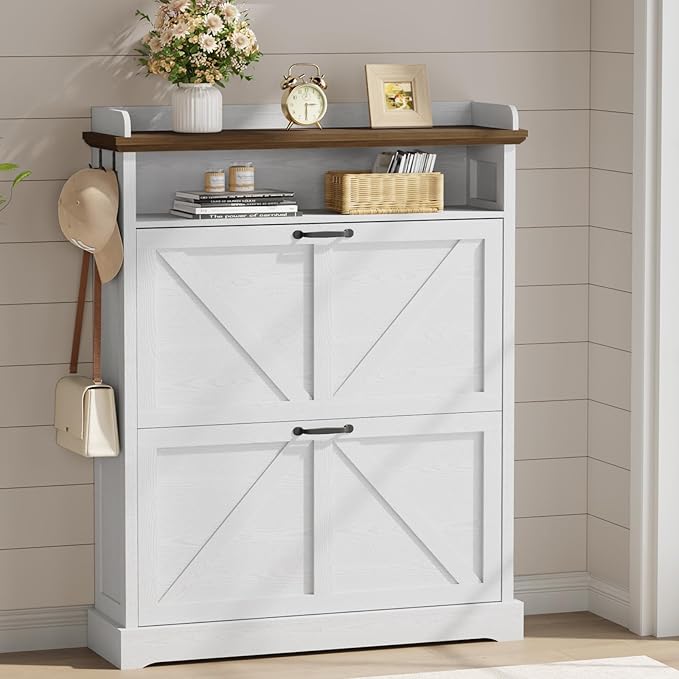 Farmhouse Shoe Cabinet with 2 Flip Drawers & Open Storage, 31.5" W White | Freestanding shoe cabinet with flip drawers ,white design and space-saving storage for entryway,foyer & hallway.