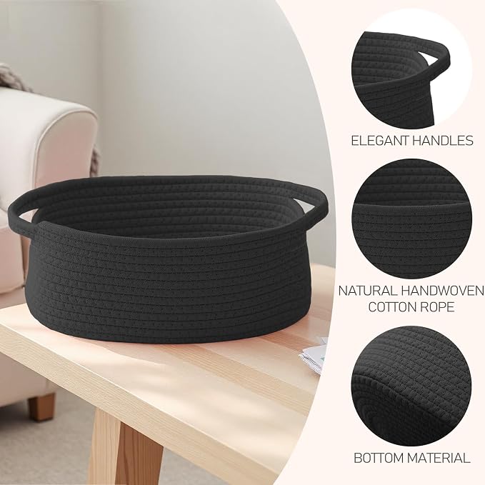 JMvicyroam Small Woven Basket, Empty Gift Basket, Black/1 Pack | Small Gift Basket, Cotton Rope, 12 x 8 x 24 in, Handles, Includes Ribbon and Bag, Birthday Gift Basket