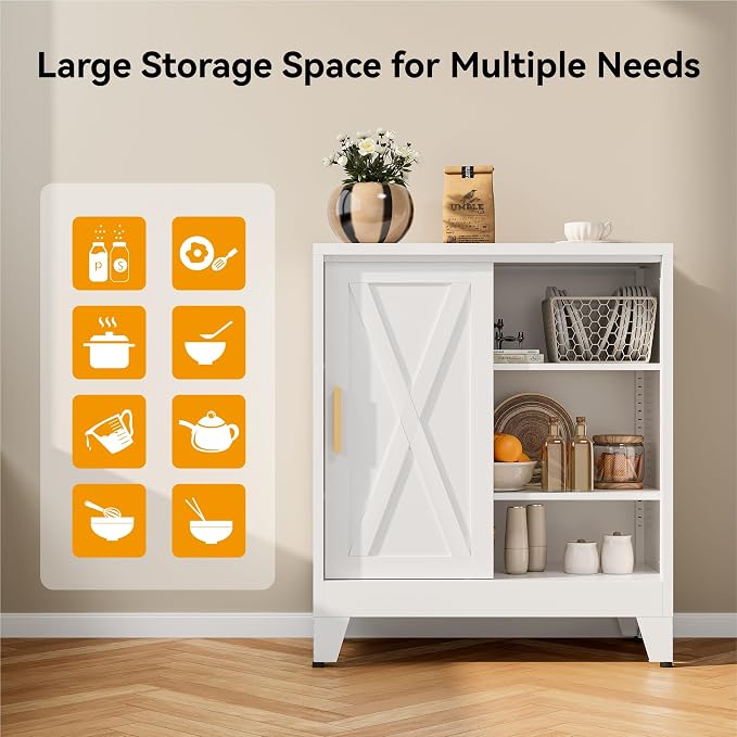 COFaR White 37" H Sliding Door Storage Cabinet, Half Open Half Closed Design, 3-Tier Kitchen Organizer with Adjustable Shelves, 150 lbs Top, Metal Coffee Bar & Buffet Sideboard for Dining Room
