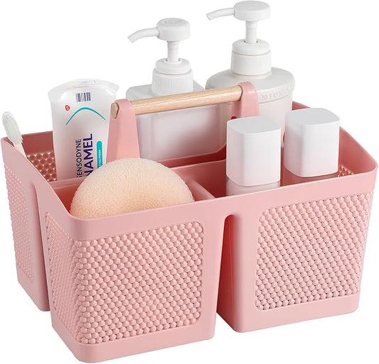 rejomiik Portable Plastic Shower Caddy with Bamboo Handle, Pink | Cleaning Caddy Organizer for Bathroom, College Dorm Room Essentials, Storage Tote