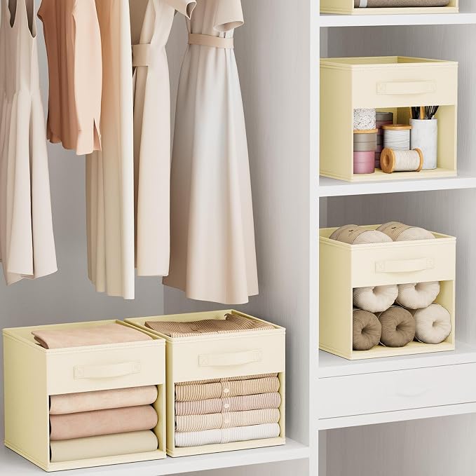 DIMJ Storage Cubes, Cube Storage Bin, 8 Pack Foldable Storage Cubes with Window, Closet Storage Bins with Handle, 11x 11 inch Closet Organizer Bins for Clothes, Toys, Books (Beige )