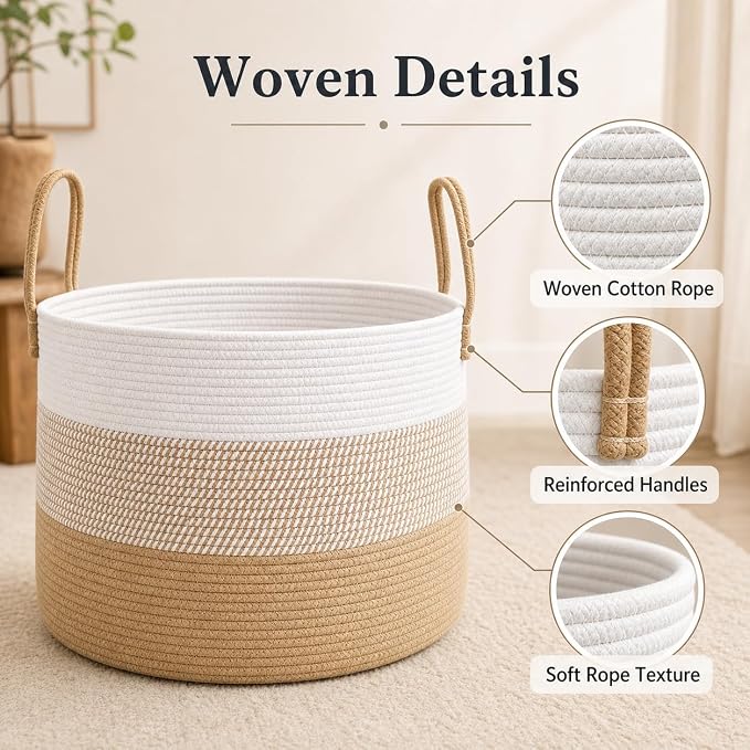 JMvicyroam 115L Extra Large Machine Washable Cotton Rope Blanket Basket | Collapsible laundry hamper, Reinforced handles, For blankets,pillows,toys and clothes, Living room and bedroom,White&Jute Mix