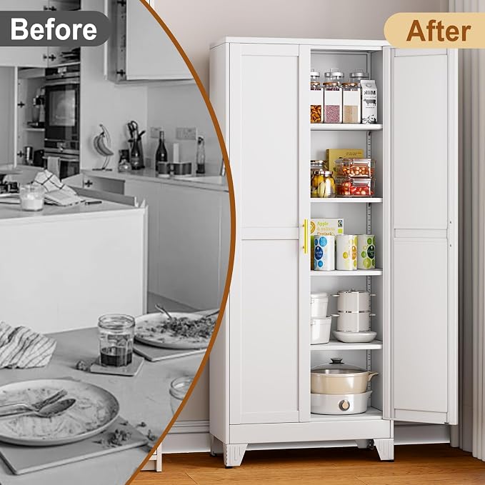71" White Metal Storage Cabinet with 2 Doors and 4 Adjustable Shelves,Steel Garage Tool Cabinet, File Cabinet,Kitchen Pantry Cabinet for Home,Office,Garage,School,Warehouse