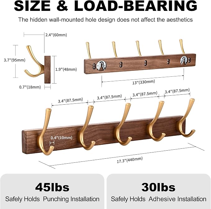 17.3" Small Walnut Wood Coat Rack Wall Mount with 5 Hooks, Heavy Duty Wooden Jacket Hanger Door Mounted for Decorative Entryway Bathroom Hanging Towel Backpack Purse Clothes Hat Key Gold