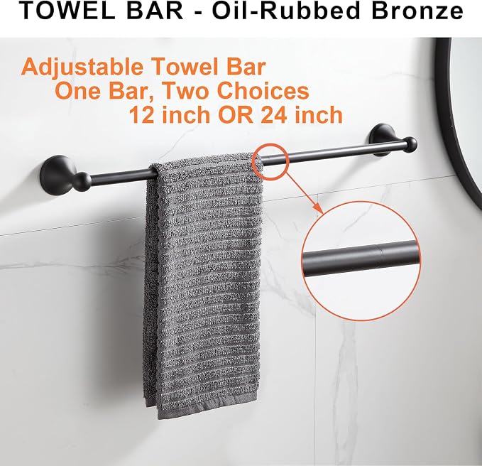 BGL Bathroom Hardware Set, Oil-Rubbed Bronze Adjustable Expandable Towel Bar 4-Piece ORB Bathroom Accessory Set Wall Mounted Robe Hook Toilet Paper Holder Towel Ring Towel Bar