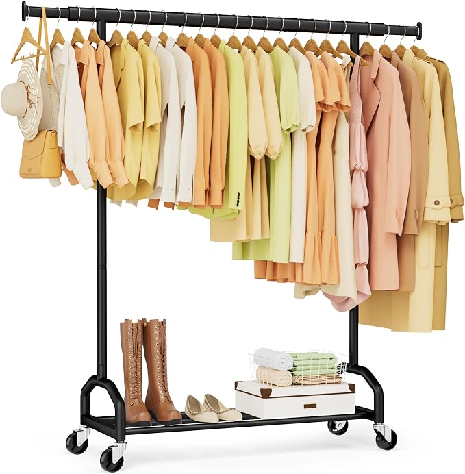 Heavy Duty Rolling Clothing Rack, 450 lbs Capacity Metal Clothes Rack with Wheels, 65" Tall Freestanding Hanging Rack for Bedroom, Laundry Room, Retail Display, Black