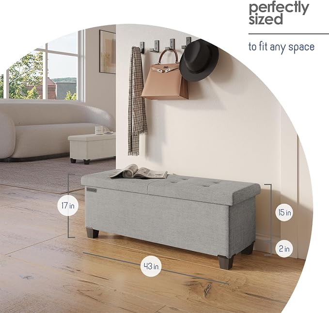 Storage Ottoman Bench with Bins, 43-in Storage Bench for Bedroom End of Bed, Folding Foot Rest Ottoman for Living Room Max 660lbs, Fabric Ottomans, Light Grey