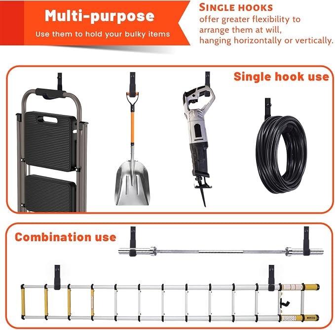 4 Pack Garage Storage Hooks, 4 Inch Wall Mount Ladder Hangers | Heavy Duty Wall Hooks, Utility Steel Ladder Hooks for Hanging Shed Tools, Ropes, Garden Hoses, Shovel, Bulk Items | 88 Lbs