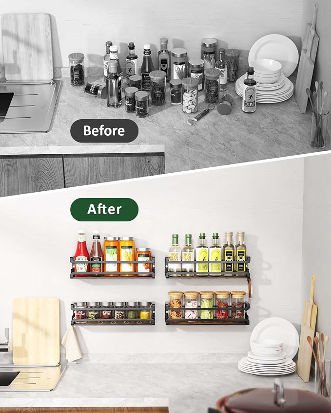Doakhirmit Wall Mounted Spice Rack,Wooden Spice Holder Black,2 Pack | 8 Hooks,Screw or Adhesive Installation , Hanging Organizer for Stove Cabinet Pantry Door Kitchen and RV Use