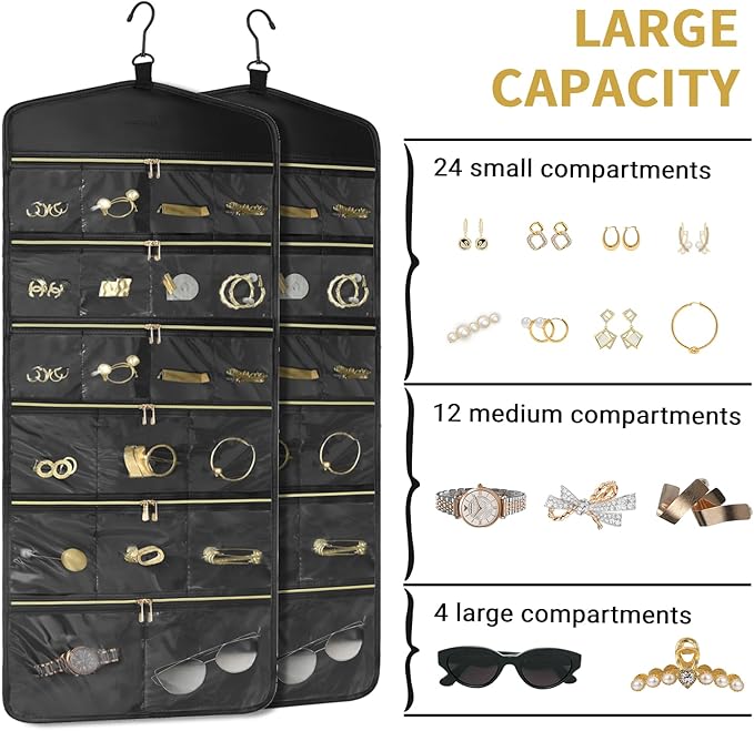 CHICECO Hanging Jewelry Organizer With Zippered Pockets,40 Pockets Travel Jewelry Organizer Storage for Cloest,Wall,Door