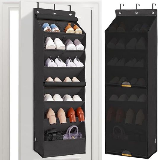 STORAGE MANIAC Over the Door Shoe Organizer with Curtain Dustproof Heavy-Duty Large Deep Pocket Hanging Shoe Organizer for Closet Dorm & Narrow Door Storage Shoe Holder Shoe Rack, 7-Shelf Black 1 Pack