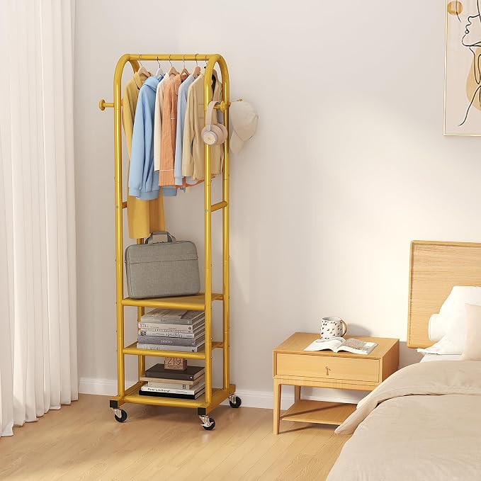 Dttwacoyh Clothing Rack with Wheels,Narrow Metal Garment Rack,Gold | Easy to install, 71.8 Inches Display Rack with 4 Side Hooks & 3 Shelves,for Small Flats, Bedroom, Entryway,Gold Clothes Rack
