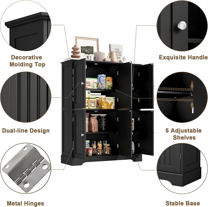ChooChoo Bathroom Floor Cabinet with 6 Doors and Adjustable Shelves | Modern Bathroom Storage Cabinet, Freestanding Cupboard for Living Room, Black