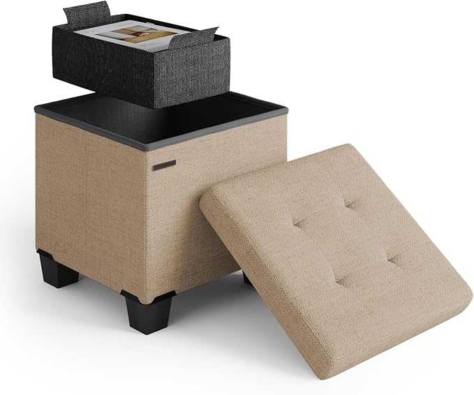 Storage Ottoman Cube with Small Bin, 15-in Square Ottoman with Storage for Living Room and Bedroom, Small Ottomans Foot Rest, Fabric Foot Stools Ottomans Max 330lbs, Taupe