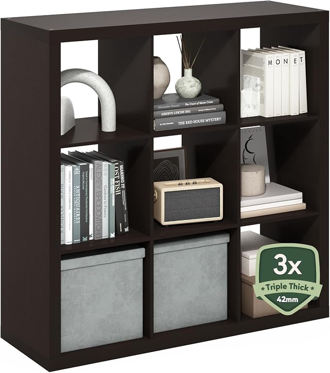 Furinno Cubicle Book Shelf, 9-Cube Bookshelf, Triple Thick Frame Cube Storage Organizer, 1.65" Bookcase, 15.4" x 43.8" x 43.4", for Home Office, Living Room, Black Oak