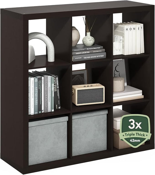Furinno Cubicle Book Shelf, 9-Cube Bookshelf, Triple Thick Frame Cube Storage Organizer, 1.65" Bookcase, 15.4" x 43.8" x 43.4", for Home Office, Living Room, Black Oak