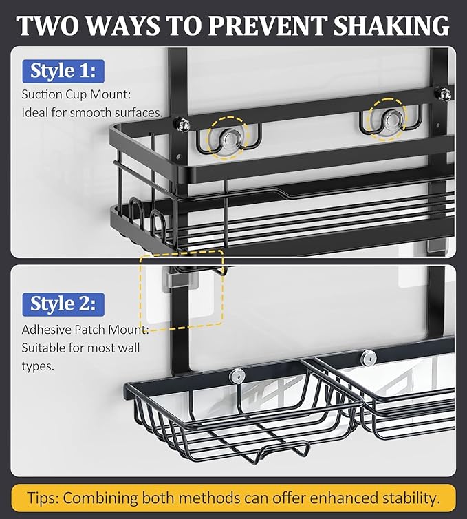 OMAIRA Shower Caddy Hanging Over the Shower Head - Rustproof Shower Organizer Hanging with Soap Scrub Holder, Non-Slip Stainless Steel Bathroom Storage Rack & Shelves, No Drilling, Black
