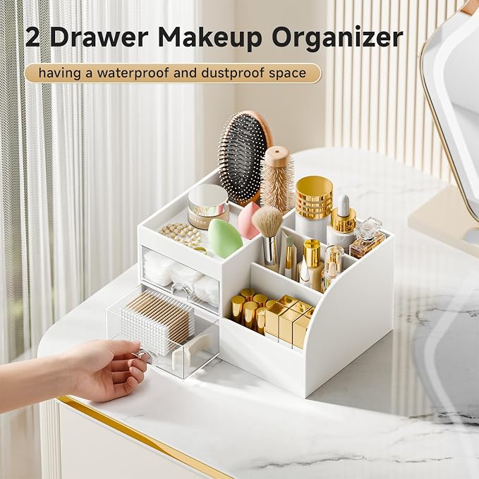 Makeup Organizer with 2 Drawers, Makeup Organizers Countertop for Vanity and Bathroom, Make up organization and Skincare Storage with Brush Holder, for Dresser, Desktop, Cosmetic Display Case (White)