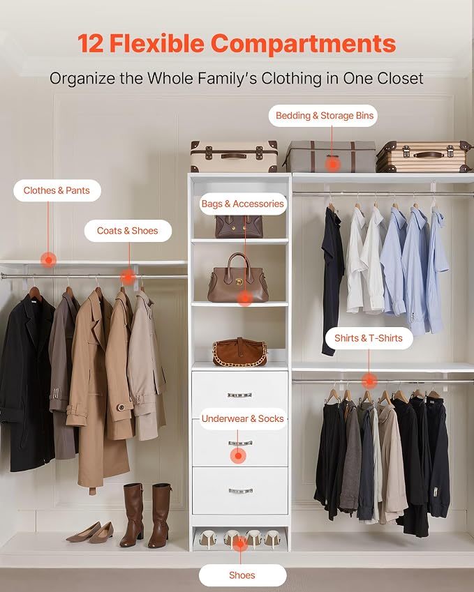 VEVOR Closet System with 3 Drawers, Adjustable Height Wooden Closet Organizers, Modern Walk-in Wardrobe Organization with 3 Retractable Clothes Hanger Rods, Freestanding Garment Rack Storage, White