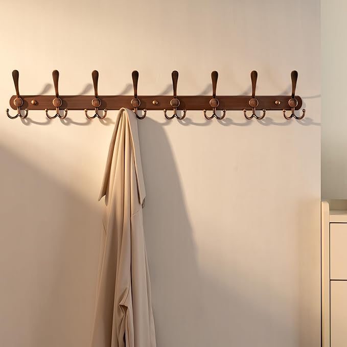 Dseap Coat Rack Wall Mount - 29.5” Long 8-Tri-Hooks Heavy Duty Coat Hanger Rail Wall Hooks for Hanging Coats Hats Clothing Clothes Purse Mudroom Entryway, Red Antique Copper