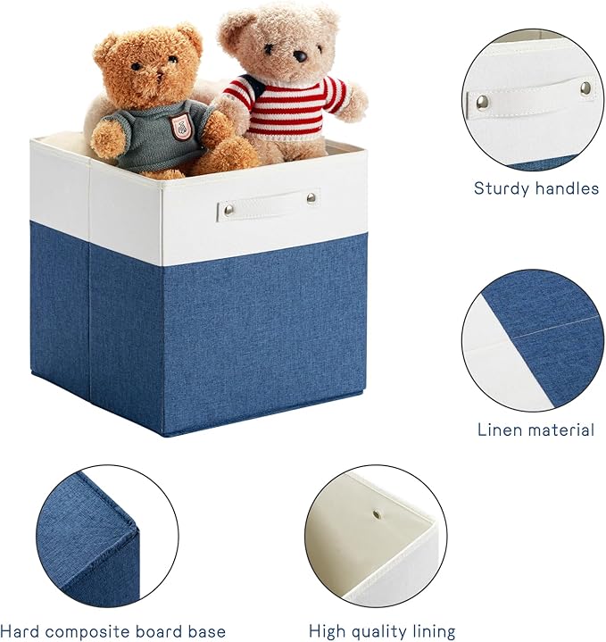 FinishingBo 13x13x13 Storage Cube Bins 4 Pack, Cube Shelf Baskets | Foldable Storage Cubes, Linen Storage Bins with Handles, Closet Organizers, White/Blue