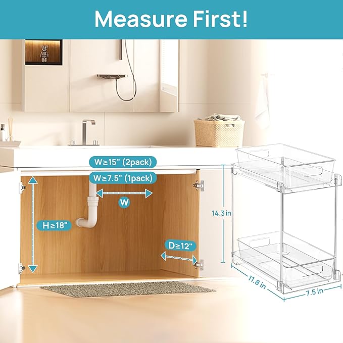Vtopmart 2 Pack Taller Pull Out Bathroom Under Sink Organizer (S-Higher) | Slide-out drawers, Multi-purpose storage, Clear visibility, Easy Set-up