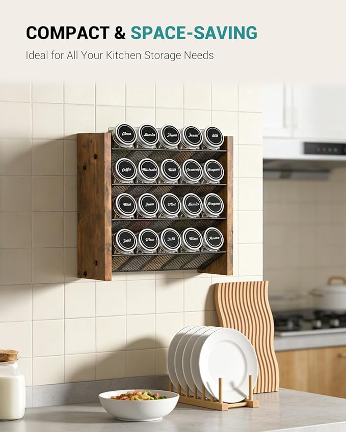 NESAPTO Spice Rack Organizer with 20 Glass Spice Jars, Wood 4-Tier Seasoning Organizer with Labels for Cabinet, Pantry, Countertop or Wall Mount, Chalk Marker and Funnel Set, 10.3" W × 9.4" H