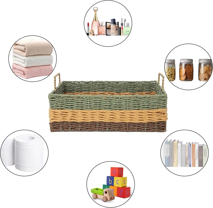 Handmade Rectangle Woven Paper Rope Storage Basket with Iron Frame,Basket with handles for Home Decor, Shelf & Desktop Organizing (Mix green yellow brown)