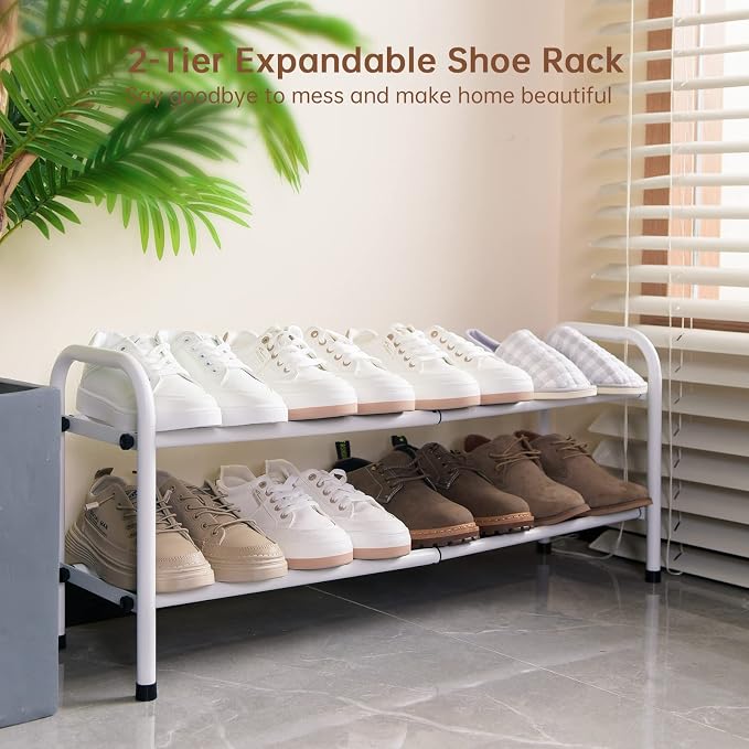 Gonfoam Expandable 2-Tier Shoe Rack for Closet and Entryway, White | Tool-Free Assembly, Metal Material, Adjustable Shoe Organizer, Sturdy, Small Space Solution, Dorms, Garages, Apartments.