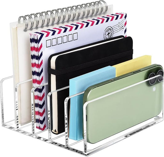 BEYGORM Acrylic Mail Holder, 5 Compartments Multifunction Desk Organizer | Clear Vertical Letter Sorter with Dividers, Modern Office & Home Storage for Bills, Documents & Folders