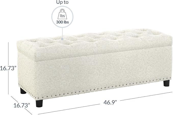 BELLEZE Storage Ottoman, Tufted Ottoman with Close Hinge, Foot Rest for Living Room (White, 47 inch)