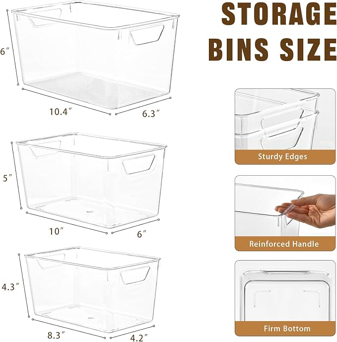Freebat 12 Pack Pantry Organization and Storage,Clear Plastic Storage Bins | 4Small 4Middle 4Large,Cabinet Organizer, Clear Plastic Storage Containers with Handle,Acrylic Storage Bins for Cabinet,Fridge
