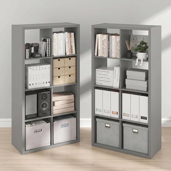 Furinno Cubicle Book Shelf Set of 2, 8-Cube Bookshelf, Light Grey | 14.6 x 30 x 57.9, Thick Frame, Horizontal & Vertical Reversible Bookcase, Open Back, for Living Room, Bedroom, Home Office