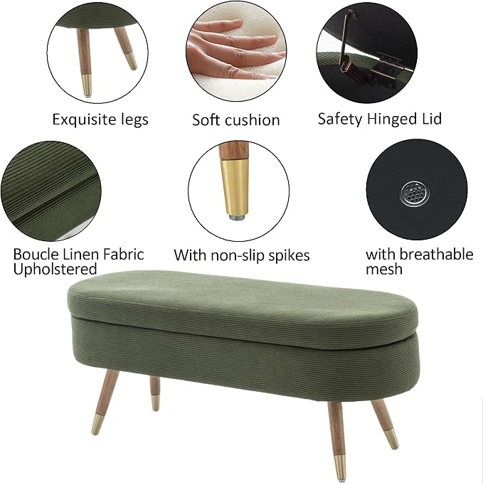 IAFIKE Oval Storage Bench 43.5" Ottoman Bench Upholstered Boucle Fabric Footrest Bench with Golden Metal Legs End of Bed for Bedroom, Living Room, Entryway,Bed Side (Dark Green)