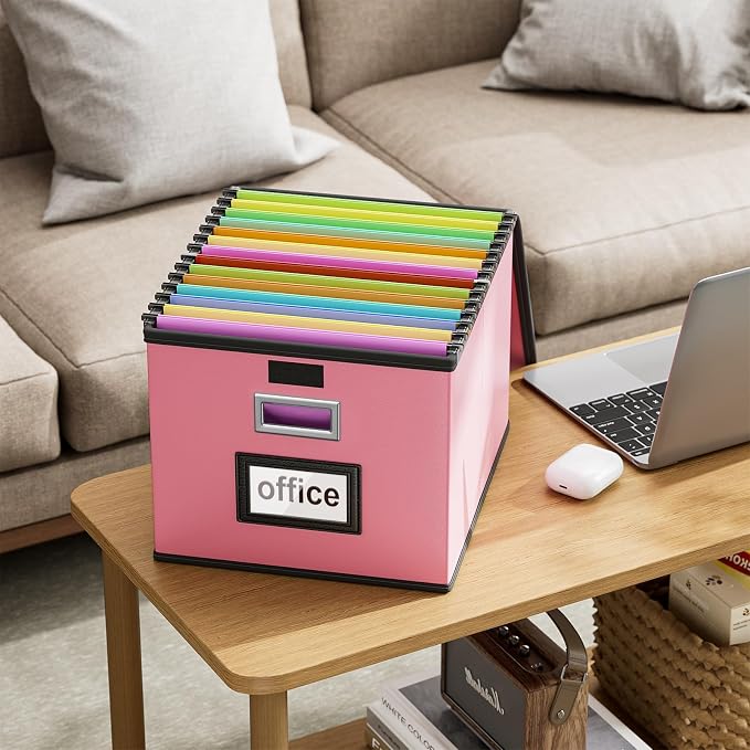 File Organizer Box with Lids, Collapsible File Folder Organizer | File Box with Plastic Slides for Document, Filing Bin for Letter Size Hanging File Folders (2 Pack, Pink, Leather)