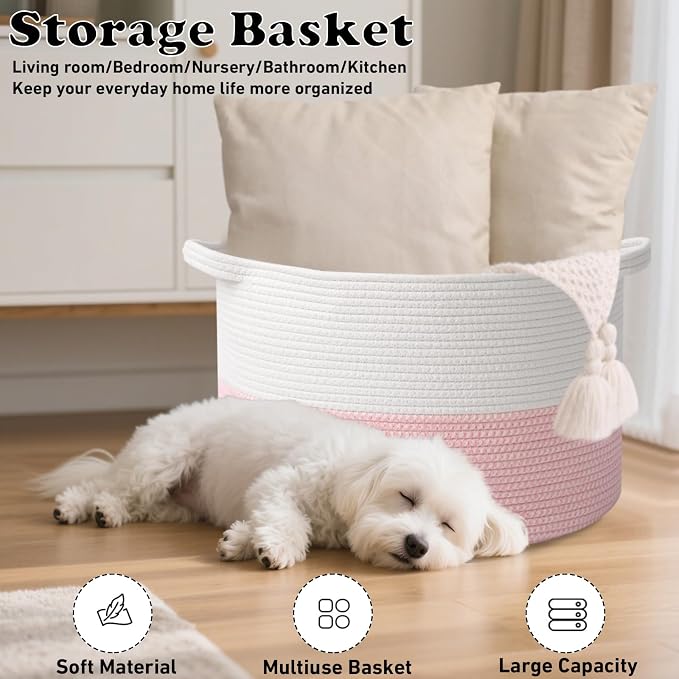115L Extra Large Pink Woven Cotton Rope Basket with Handles | Kids Nursery Laundry Basket Hamper for Toys, Blankets, Pillows & Comforters, Cute Storage Bin for Bedroom & Playroom